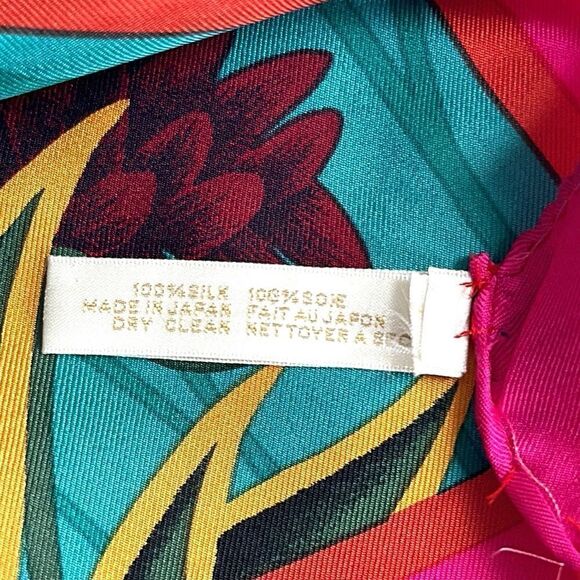 Perry Ellis Oblong Silk Scarf Bright Green Pink Tropical Floral 17x64” Japan Vtg - Picture 12 of 12